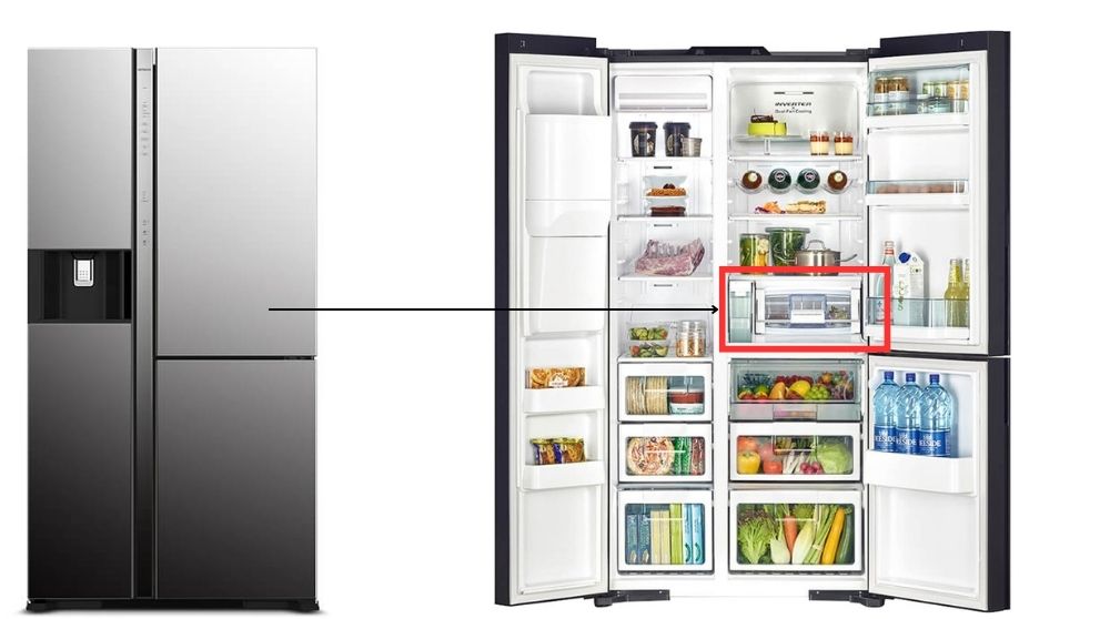 Ngăn chân không trên tủ lạnh Hitachi 3 cánh Side by side