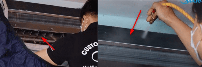 xịt rửa dàn lạnh bằng bơm tăng áp