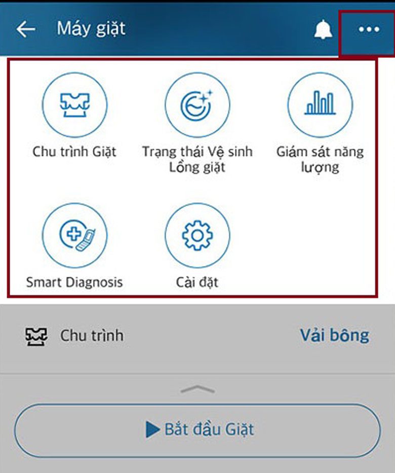 Kết nối máy giặt LG với điện thoại vào dấu 3 chấm để thay đổi chu trình