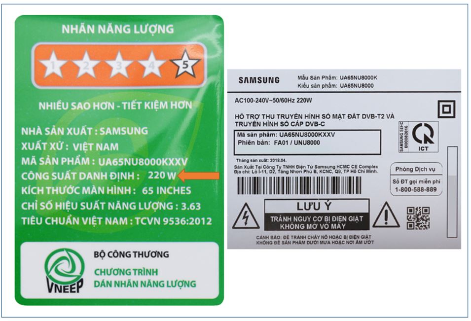 Xem công suất tivi Samsung 65 inch bao nhiêu W ở nhãn dán năng lượng