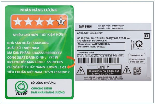 Xem công suất tivi Samsung 65 inch bao nhiêu W ở nhãn dán năng lượng