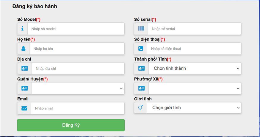 nhập thông tin cá nhân để kích hoạt bảo hành điện tử cho điều hòa Alaska