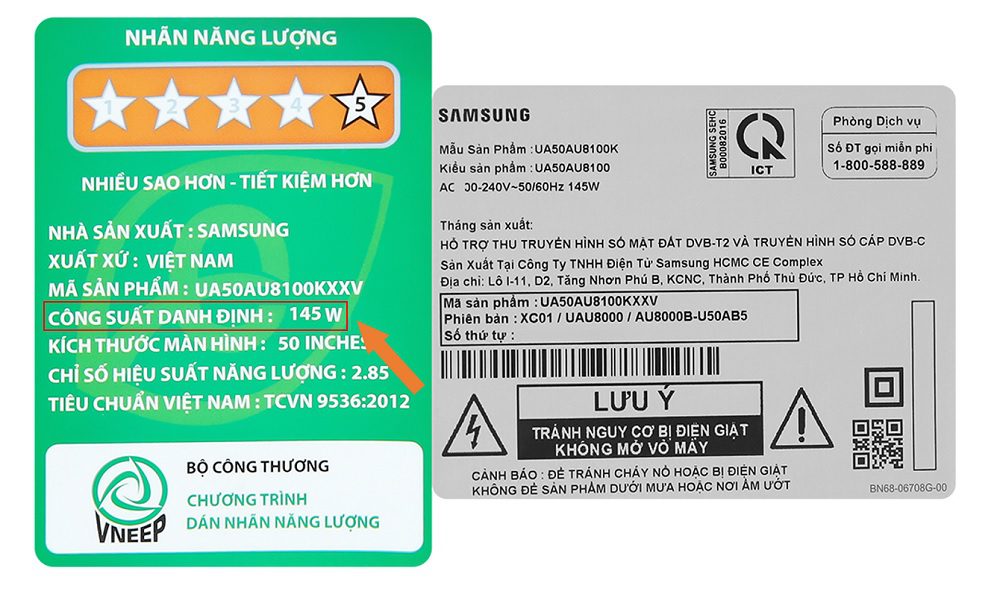 Xem công suất Tivi Samsung 50 inch bao nhiêu W trên nhãn năng lượng