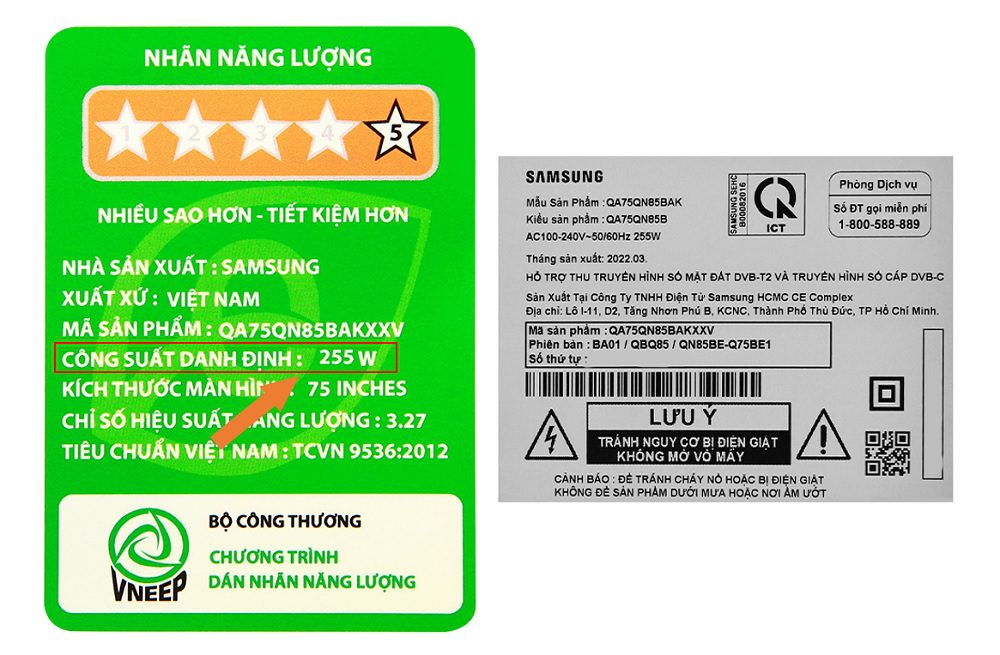cách xem công suất tivi Samsung 75 inch bao nhiêu W