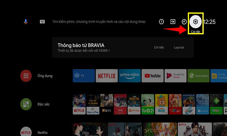 Di chuyển đến mục cài đặt của tivi Sony