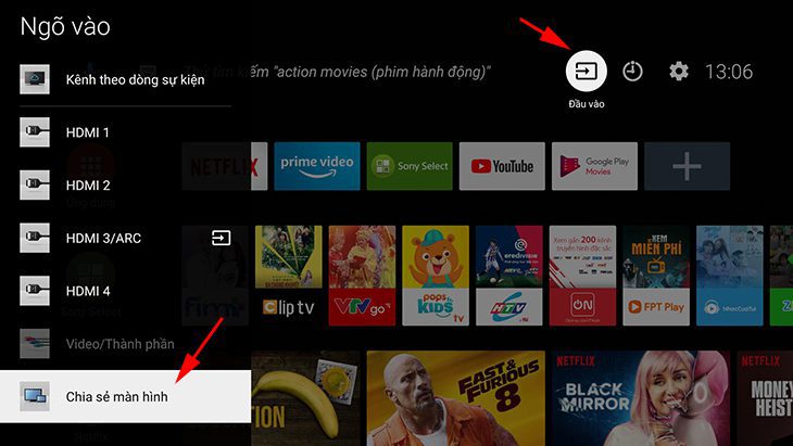 Chọn Đầu vào > Chia sẻ màn hình