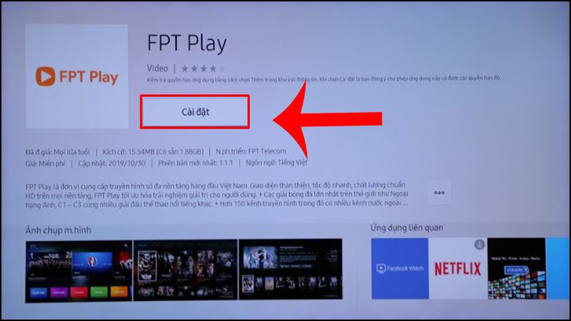 Nhấn vào Cài đặt để tải ứng dụng FPT Play