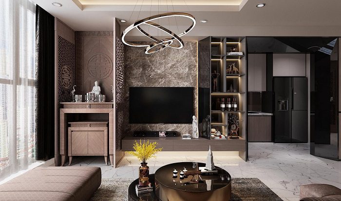 Kệ tivi kết hợp tủ trang trí bàn thờ cho phòng khách tân cổ điển