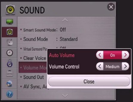 Home or Smart → Setting → Sound → Volume Mode → Auto Volume