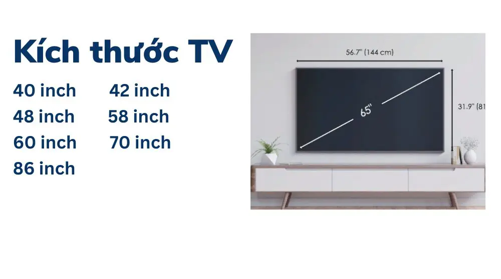 Kích thước tivi 40, 42, 48, 58, 60, 70, 86 inch
