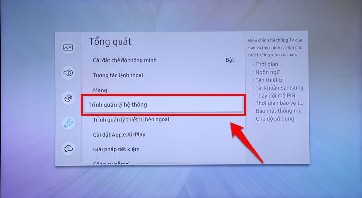 Mục Trình quản lý hệ thống trên Smart tivi Samsung