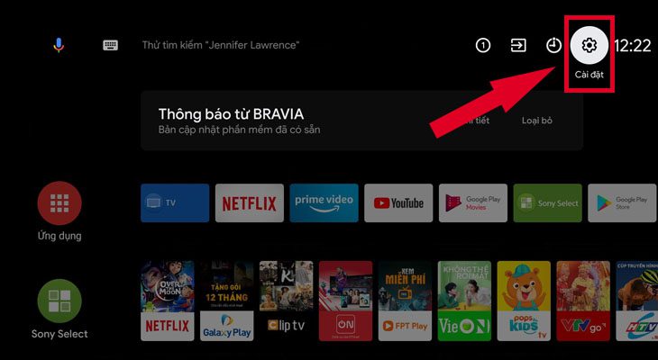 Chọn Cài đặt trên giao diện chính của tivi Cách kết nối loa Bluetooth với tivi Sony