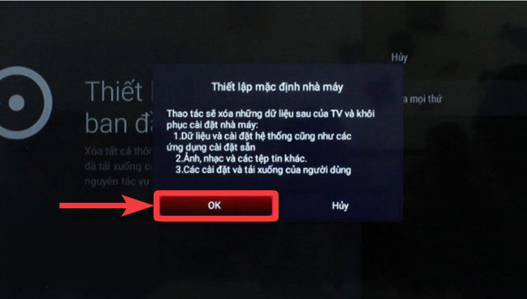 hoàn tất khôi phục cài đặt gốc cho tivi TCL hệ điều hành Android