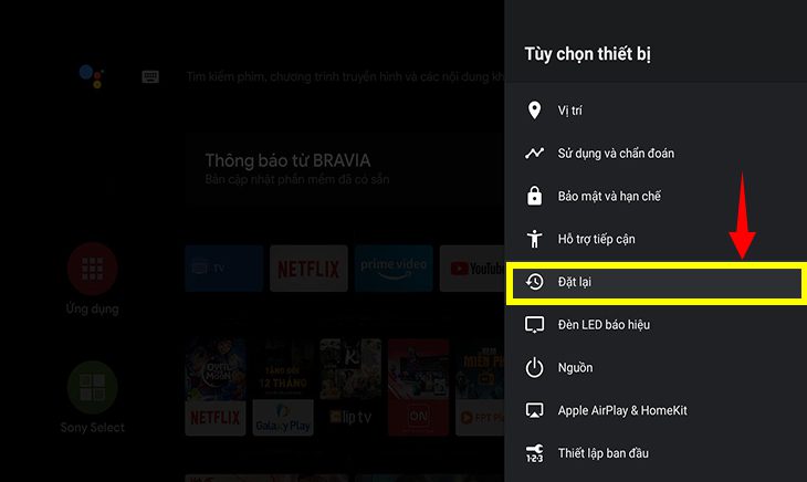 Chọn mục Đặt lại