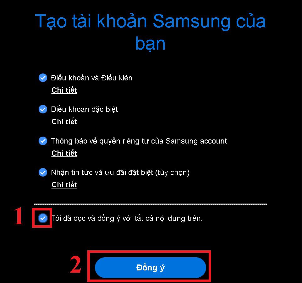 hoàn tất đăng ký tài khoản Samsung trên tivi Samsung