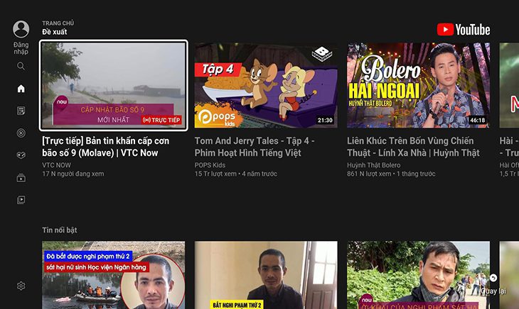 Giao diện ứng dụng Youtube được mở