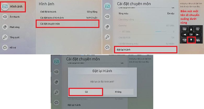 cài đặt lại hình ảnh trên tivi samsung sửa lỗi tivi bị mất màu