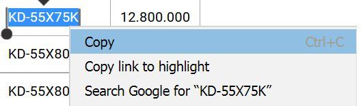 copy mã sản phẩm trong bảng giá tại dienmaysieure.vn