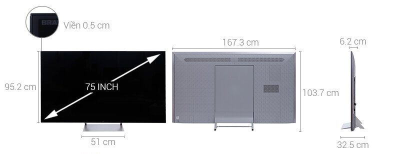 kích thước bao ngoài tivi sony 75 inch