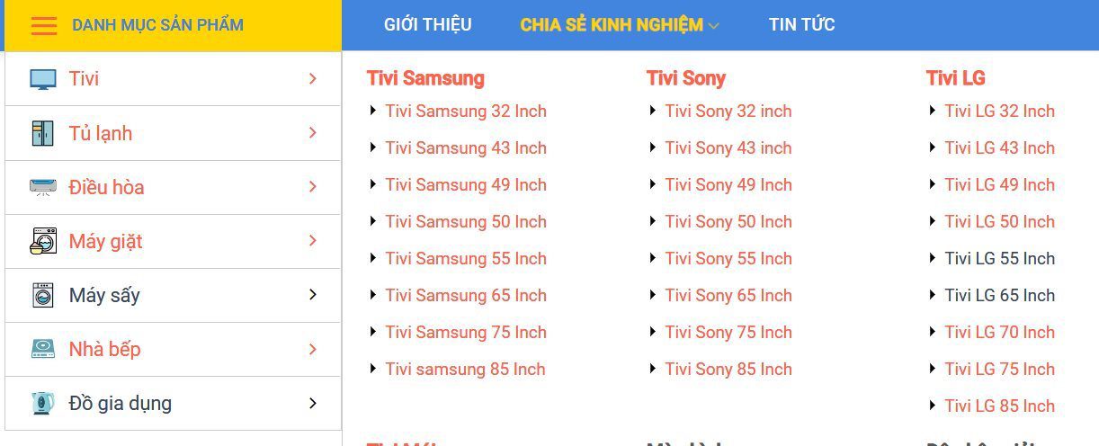menu của dienmaysieure.vn chứa rất nhiều danh mục sản phẩm đã được phân loại