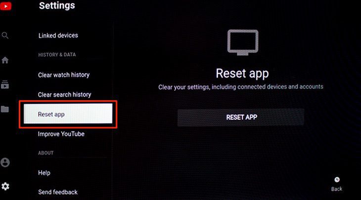 Phần Cài đặt lại trong ứng dụng Youtube trên tivi TCL Tivi chưa được cài YouTube for Android TV