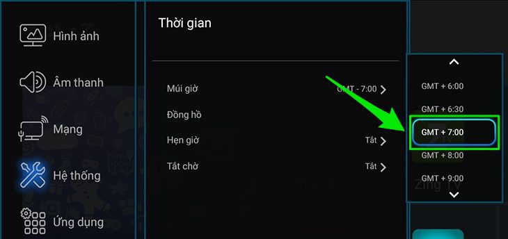 Chọn múi giờ Tivi TCL không vào xem được Youtube do bị lỗi ngày giờ hệ thống