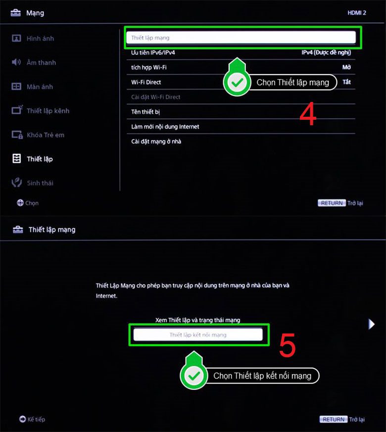 Chọn Thiết lập mạng, sau đó ấn chọn Thiết lập kết nối mạng