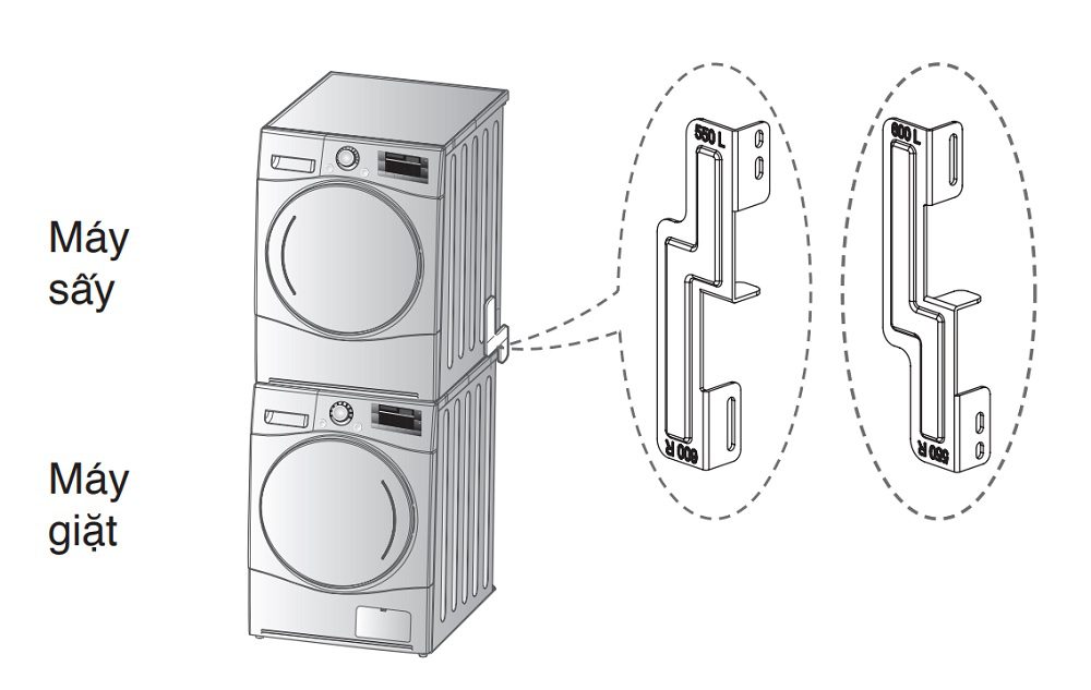 Bộ dụng cụ xếp chồng máy sấy LG lên trên máy giặt