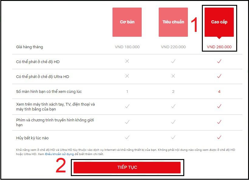 Nhấn chọ các gói dịch vụ phù hợp với bạn và chọn mục Tiếp theo.