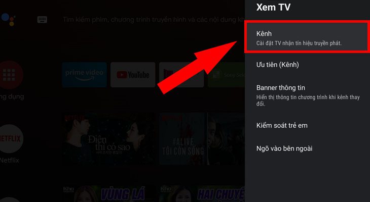 Chọn mục Kênh. Chọn mục Kênh.