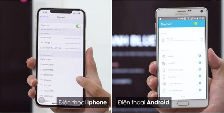 Trên điện thoại, bạn hãy bật tính năng Bluetooth sau đó dò tìm thiết bị tivi mà bạn muốn kết nối Trên điện thoại, bạn hãy bật tính năng Bluetooth sau đó dò tìm thiết bị tivi mà bạn muốn kết nối