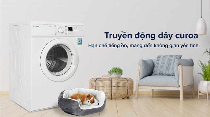 Máy sấy thông hơi Casper 7.2 Kg TD-72VWD sử dụng động cơ dây curoa cho khả năng vận hành êm ái, hạn chế tiếng ồn Máy sấy thông hơi Casper dùng động cơ dây curoa êm ái