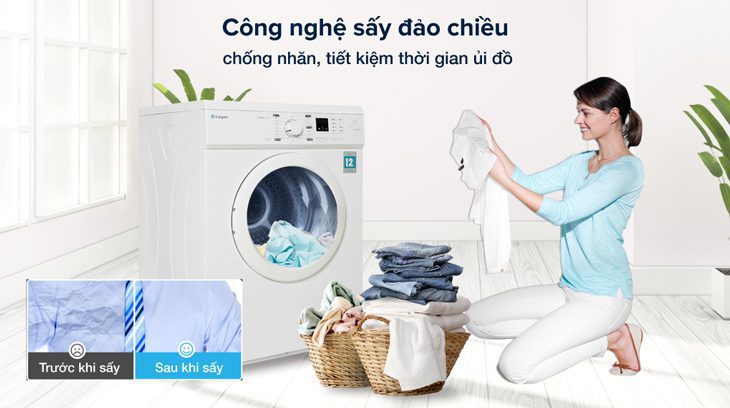 Máy sấy thông hơi Casper 7.2 Kg TD-72VWD sử dụng công nghệ sấy đảo chiều, chống nhăn quần áo hiệu quả Máy sấy Casper sử dụng công nghệ sấy đảo chiều, chống nhăn quần áo hiệu quả