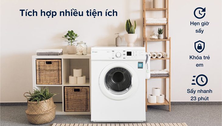 Máy sấy thông hơi Casper 7.2 Kg TD-72VWD được tích hợp nhiều tiện ích thông minh như hẹn giờ, khóa trẻ em, sấy nhanh vô cùng tiện lợi Máy sấy Casper tích hợp nhiều tiện ích thông minh