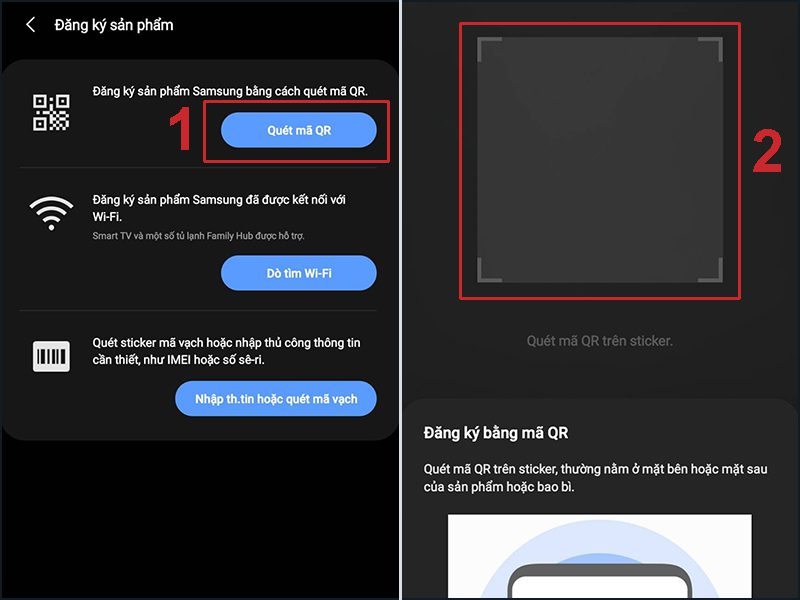 Quét mã QR trên hộp hoặc bao bì sản phẩm Samsung để kích hoạt bảo hành