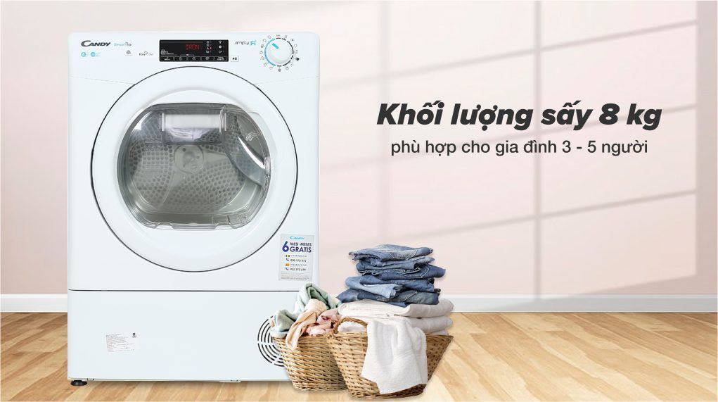  CSO C8TE-S có Khối lượng sấy 8kg, phù hợp cho gia đình từ 3 - 5 người
