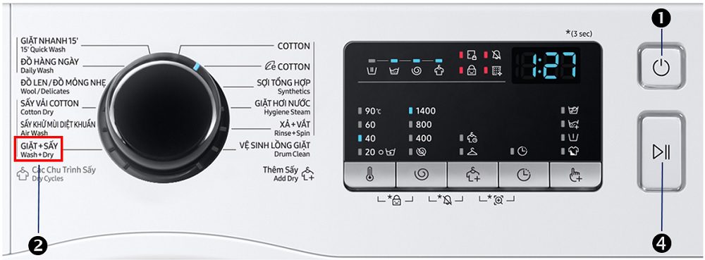 Cách bật chế độ giặt sấy của máy giặt Samsung