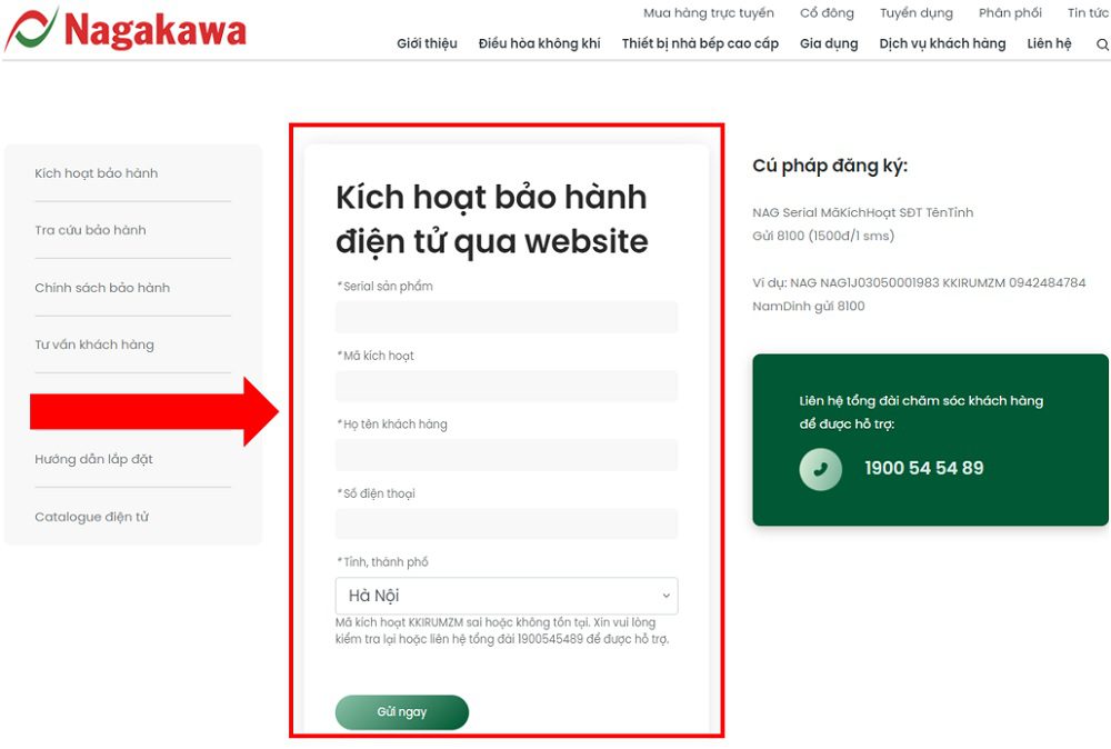 Kích hoạt bảo hành điều hòa Nagakawa thông qua website với khách hàng cá nhân