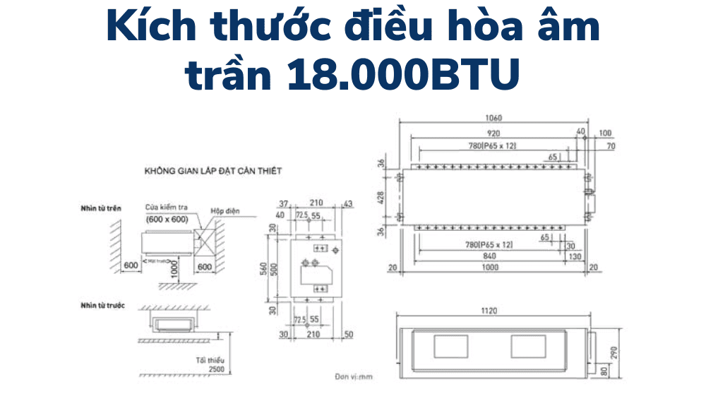 Kích Thước điều Hòa âm Trần 18000btu