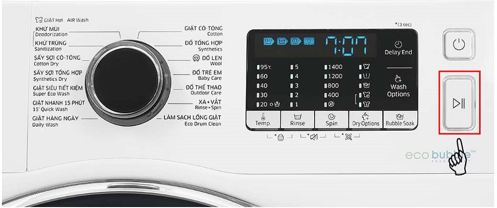 Nhấn giữ nút Bắt đầu-Tạm dừng để máy sấy Samsung hoạt động