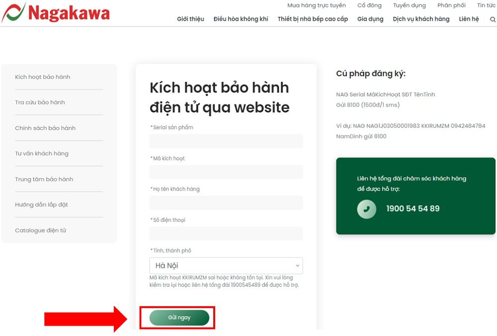 Nhấn gửi ngay để kích hoạt bảo hành