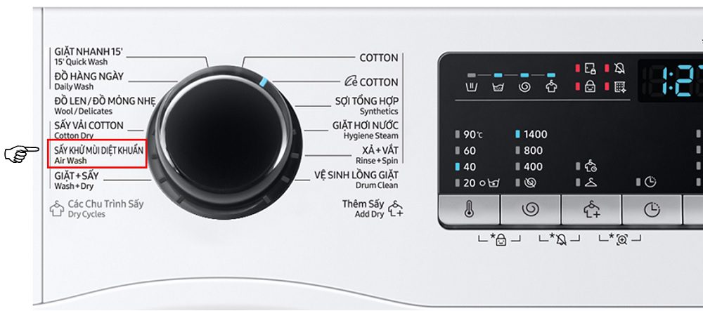 Sấy khử mùi diệt khuẩn AirWash - chế độ sấy khô của máy giặt Samsung
