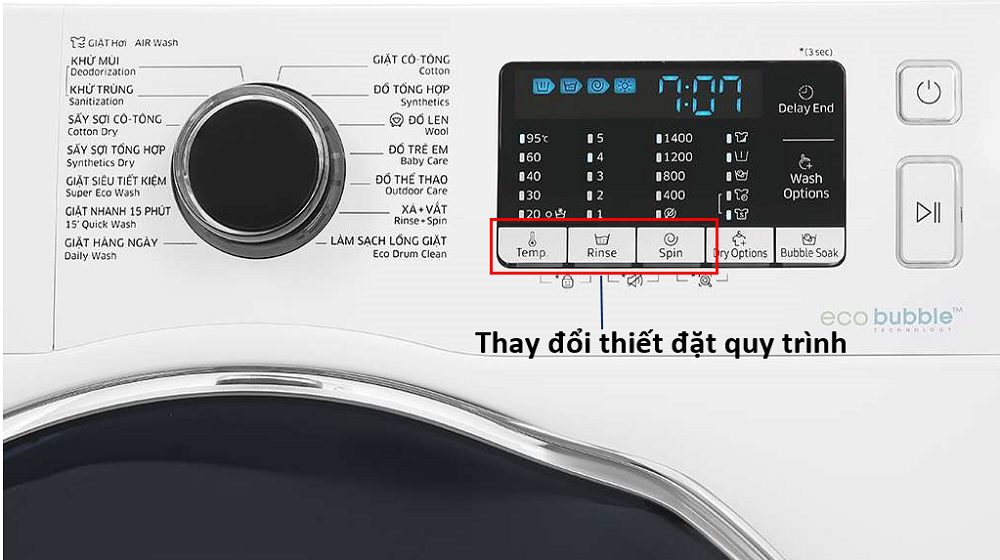 Thay đổi thiết đặt quy trình trên máy giặt sấy Samsung