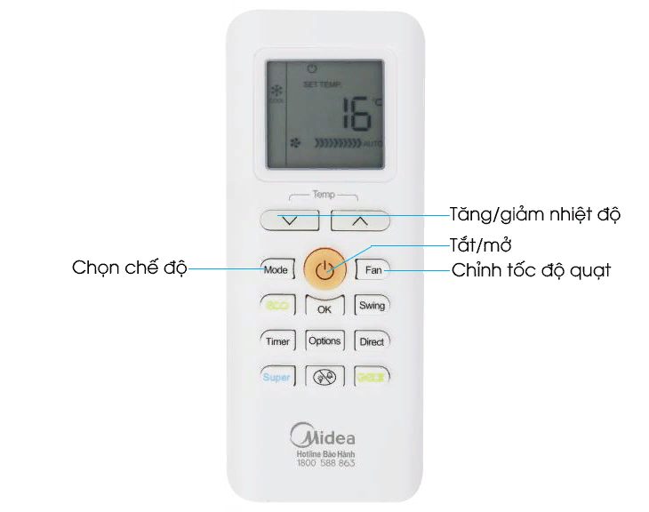 cách mở khóa điều khiển điều hòa midea bằng nút tăng giảm nhiệt độ
