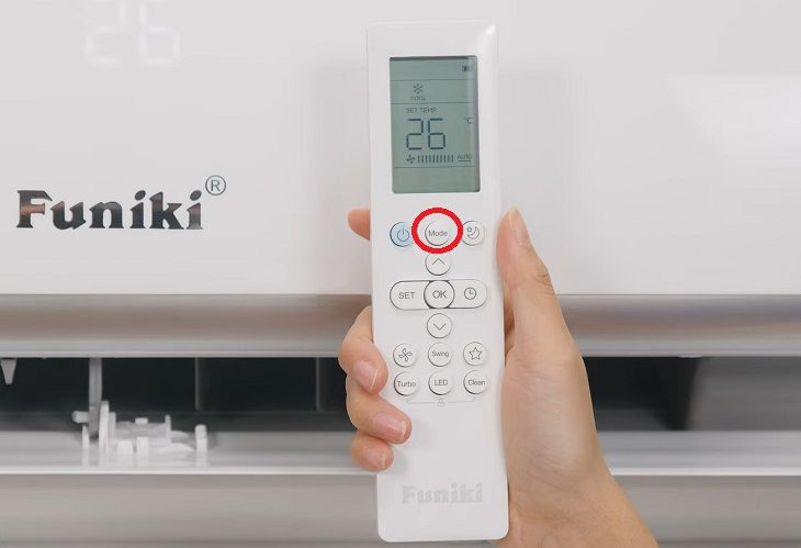 Cách bật chế độ nóng (Heat) điều hòa 2 chiều Funiki Bạn nhấn nút “MODE” nhiều lần để chọn chế độ sưởi ấm
