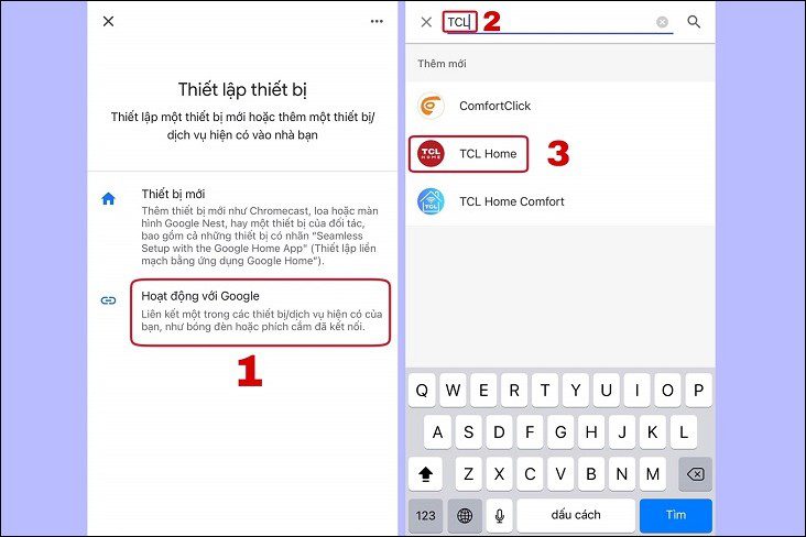Chọn Hoạt động với Google sau đó nhấn chọn kết nối thiết bị với TLC Home Chọn Hoạt động với Google sau đó nhấn chọn kết nối thiết bị với TLC Home