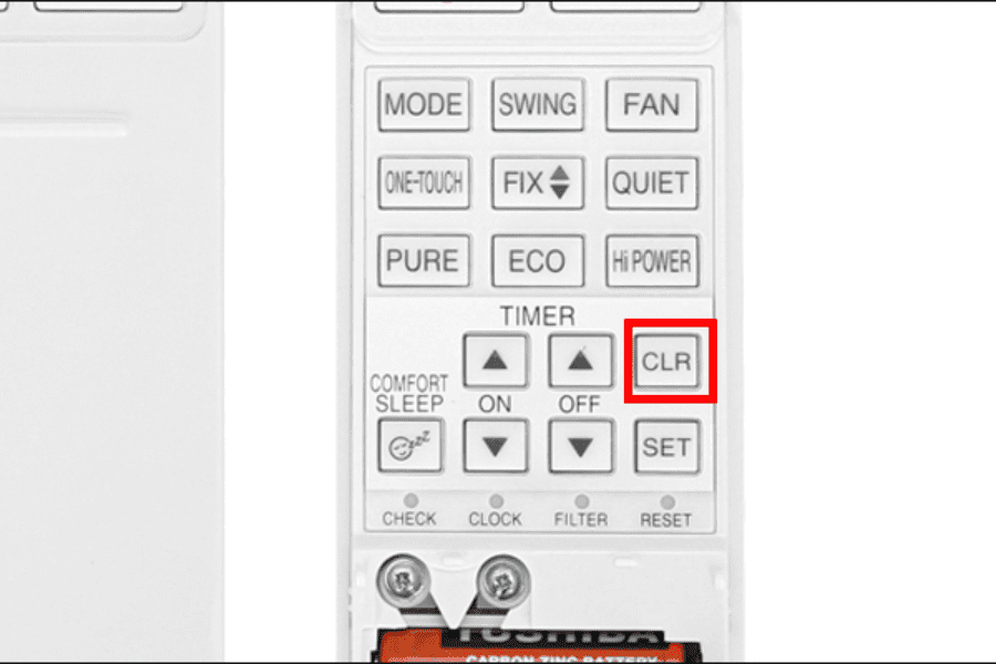 Bấm nút CLR để xoá hẹn giờ máy lạnh Toshiba