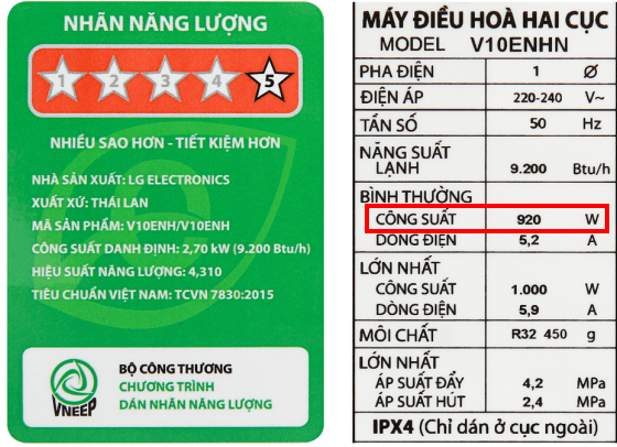 Công Suất Tiêu Thụ điều Hoà Lg 9000