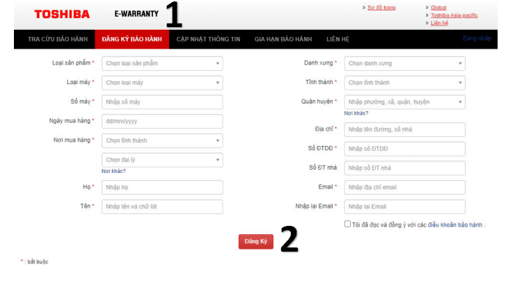 đăng Kí Bảo Hành điện Tử Toshiba