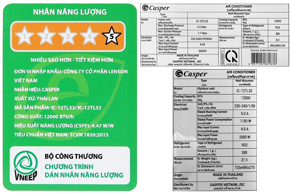 Công suất tiêu thụ điện của điều hòa Casper 12000BTU